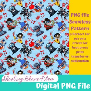 May include: A digital PNG file featuring a seamless pattern with cartoon characters dressed as horror movie characters, red handprints, and text. The pattern is designed for use with a Cricut for heat press, print transfer, or sublimation projects. The text includes "PNG file", "Seamless Pattern", and "Shooting Blant Files".