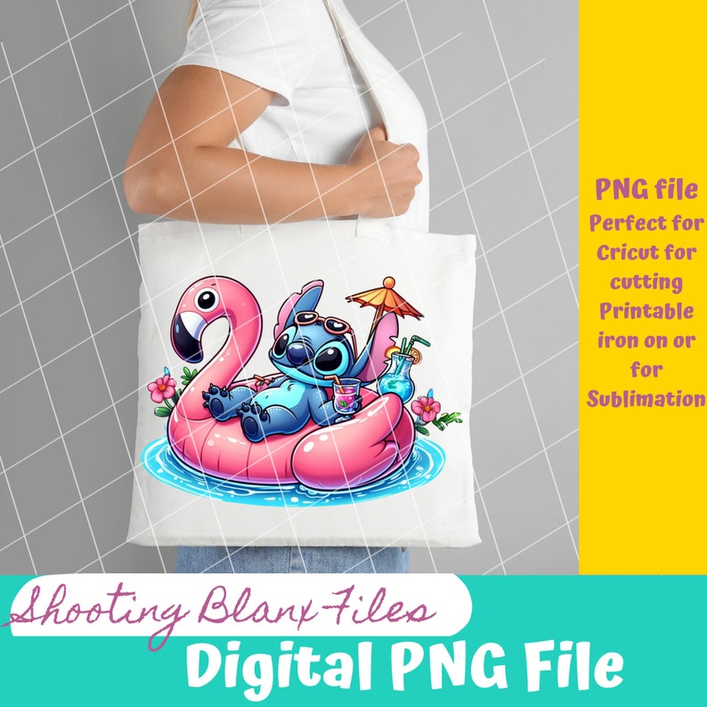 May include: A digital illustration of a blue cartoon character with large eyes and a pink flamingo float. The character is wearing sunglasses and holding a drink. The character is in a pool of water with a pink flamingo float and a palm tree in the background.