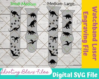 May include: Three digital SVG files for laser engraving watchbands. The files feature a dinosaur design with footprints. The files are available in three sizes: small-medium, medium-large, and large.