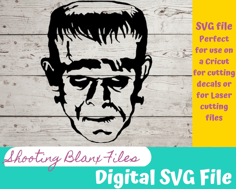 May include: Black and white digital SVG file of a Frankenstein's monster face. The file is perfect for use with a Cricut or laser cutting machine to create decals or other crafts.