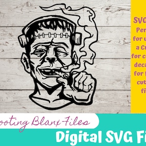 Könnte beinhalten: Schwarz-weiß digitale Illustration von Frankensteins Monster, das eine Zigarre raucht. Das Bild ist eine digitale SVG-Datei zur Verwendung mit einer Cricut- oder Laser-Schneidemaschine.