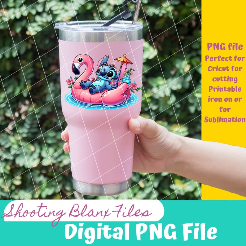 May include: A digital PNG file featuring a cartoon Stitch character from Lilo & Stitch, relaxing on a pink flamingo float in a pool of water. Stitch is wearing sunglasses and holding a tropical drink.
