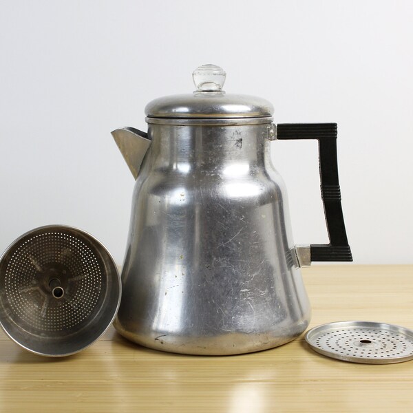 Vintage Wear-Ever Aluminum 12 Cup Coffee Percolator X-3012 w/ Basket and Glass Bubble Knob