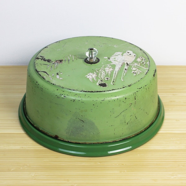 Vintage Jadeite Mint Green Art Deco Metal Cake Carrier w/ Love Birds and Enamelware Tray Plate