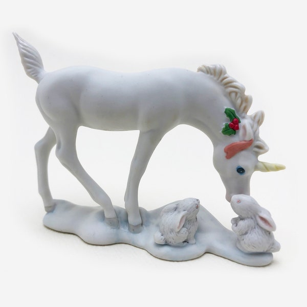 Vintage Handpainted White Porcelain Unicorn with Rabbit Friends by Enesco