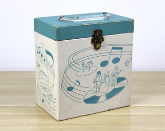 Vintage Platter Pak Patent Pending Amfile Vinyl Record Case with MCM Turquoise Musical Graphics
