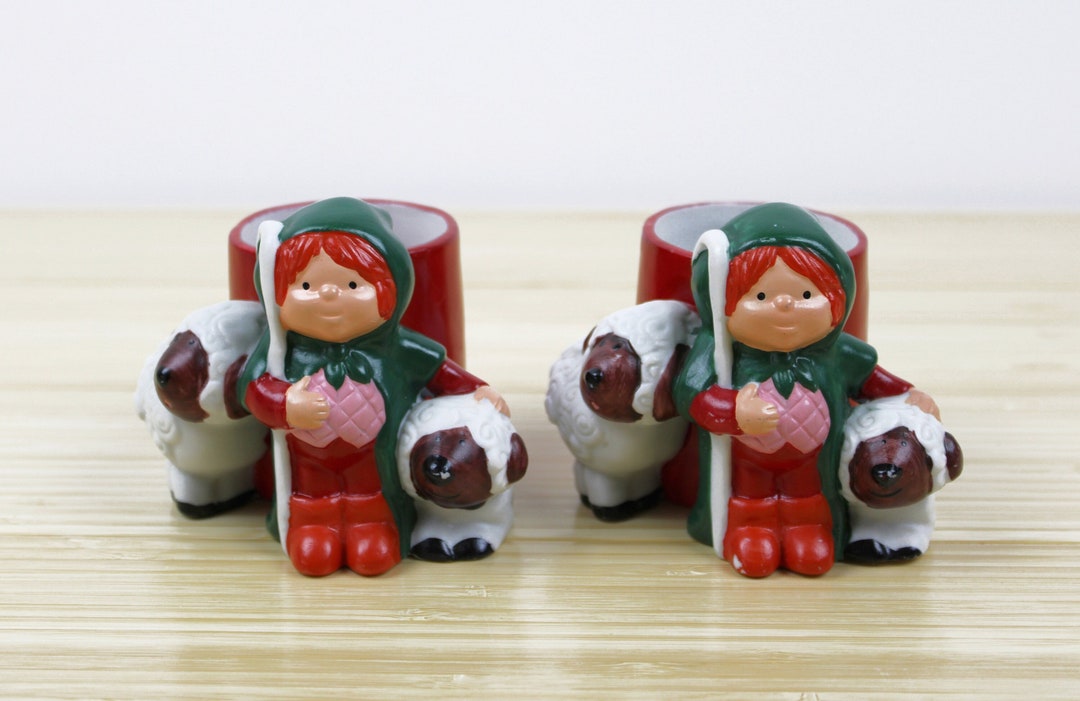 Vintage Ceramic Redhead Elf Candle Holder Votive, Shepard With Sheep