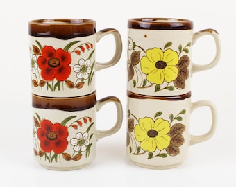Vintage Floral Stoneware Mugs 1970s Japan Red Yellow Poppies Set of 4 Cottagecore