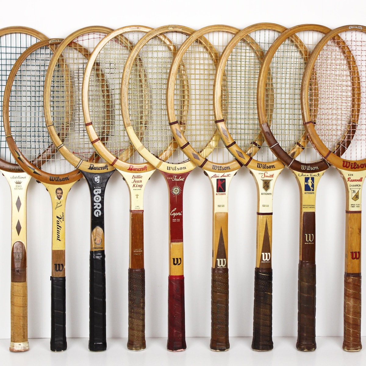 Wood Tennis Rackets, Wilson Stan Smith, Jack Kramer, Bancroft Billie Jean King, Bjorn Borg, Ken Rosewall, Chris Evert, Racquet Decor