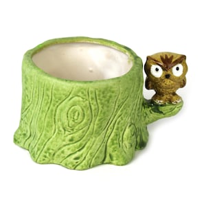 Vintage UNUSED 1975 Enesco Ceramic Owl Planter Green Tree Trunk Japan, Owl Candle Holder, Owl Jewelry Dish