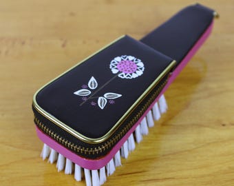 Vintage 70s Flower Power Vanity Bathroom Decor, Sewing Manicure Kit Brush Hot Pink Germany