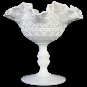 Fenton White Milk Glass Candy Dish Ruffled Edge Compote Diamond Pattern