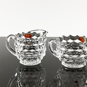 Vintage Fostoria American Creamer & Sugar Bowl with Labels, Diamond Cube Clear Glass, 1950s