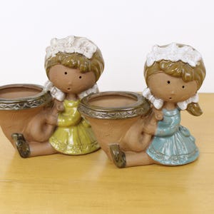 Vintage Ceramic Girl Figure Planter Set Desk Decor Yellow Blue Dresses 1980s Unused Japan