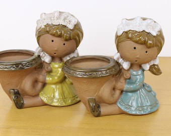 Vintage Ceramic Girl Figurine Planter Japan Cottagecore Flower Pot Desk Decor New Old Stock