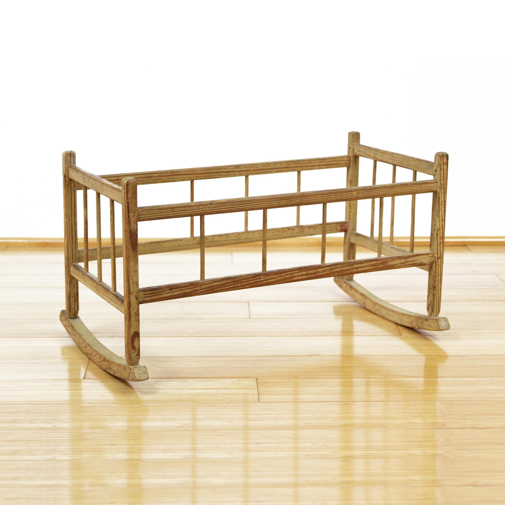Ancien Berceau De Poupée En Bois - Mobilier Paysan Vintage - Peint Bleu - Années 1930