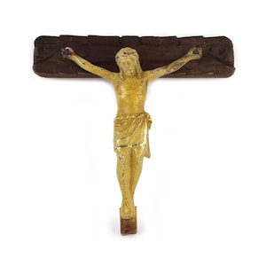 Antique Cast Iron Gold Gilded Wall Crucifix, Jesus on Handcarved Wood Cross