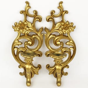 Vintage Syroco Hollywood Regency Gold Gilded Candlestick Wall Sconces Pair 1960s