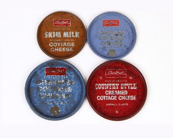 Vintage Sealtest Cottage Cheese Tin Lids Set of 4 1960s Rustic Dairy Advertising Kitchen