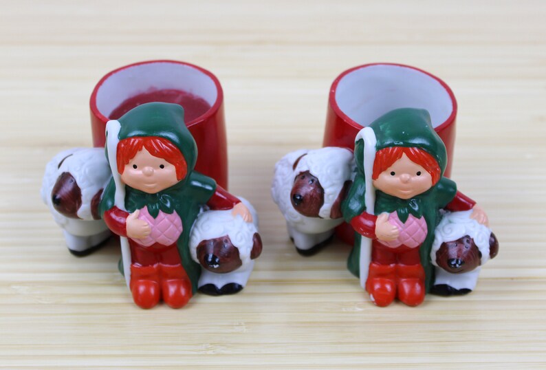 Vintage Ceramic Redhead Elf Candle Holder Votive, Shepard With Sheep