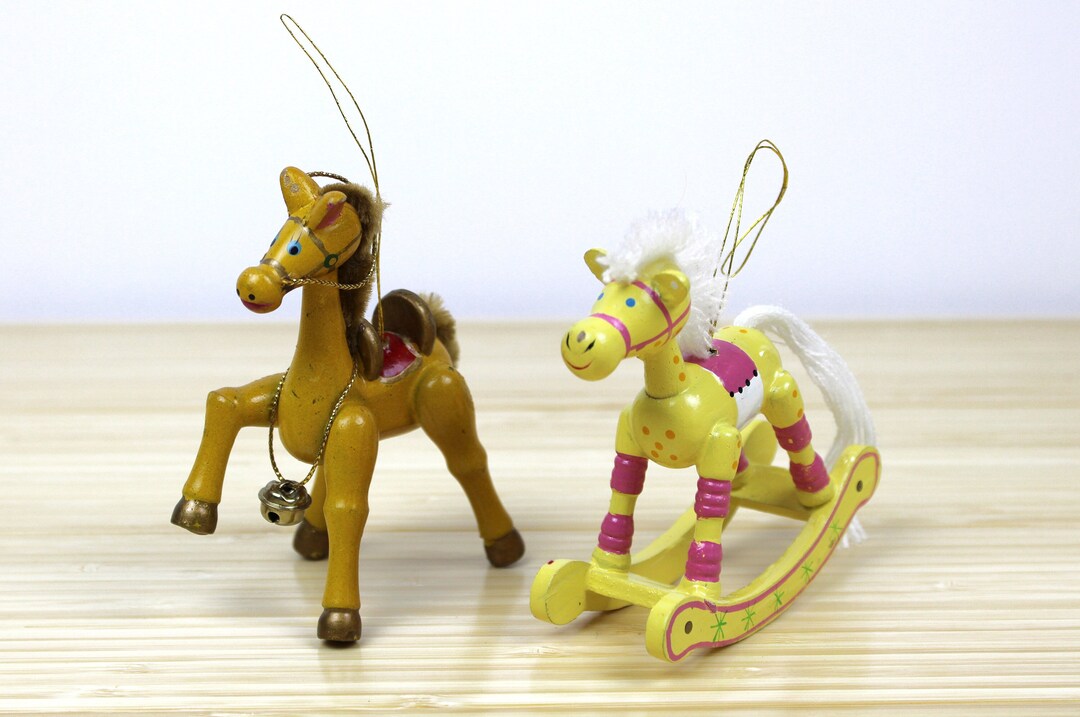 Vintage Wood Rocking Horse Ornament by Russ Berrie, Wood Horse Ornament W/ Working Bell