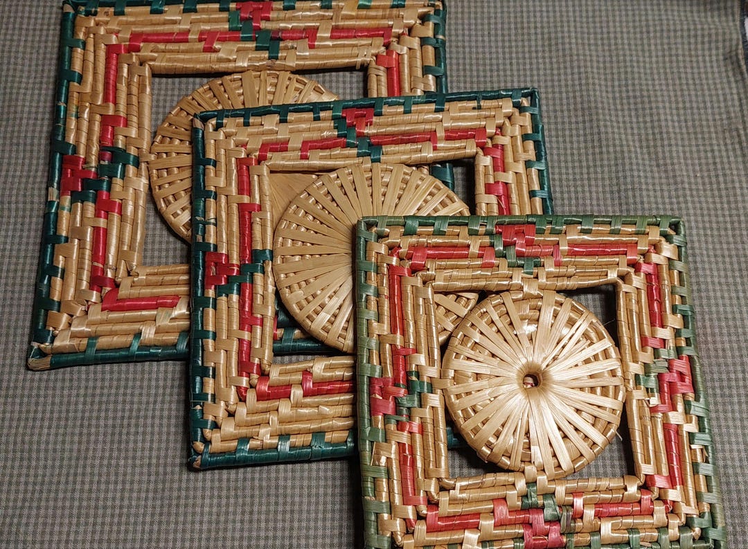 Set of 3 Vntg Wicker Rattan Trivets Hot Pads Pink Green Tropical ...