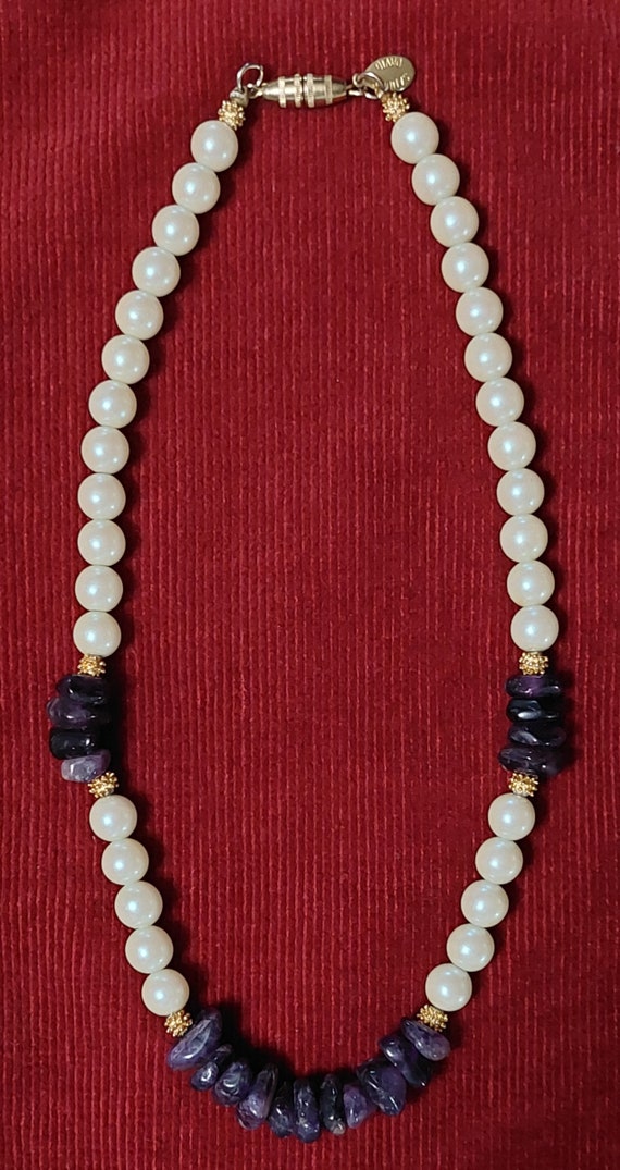 Vintage Amethyst & Faux Pearl Necklace W/ Goldton… - image 1