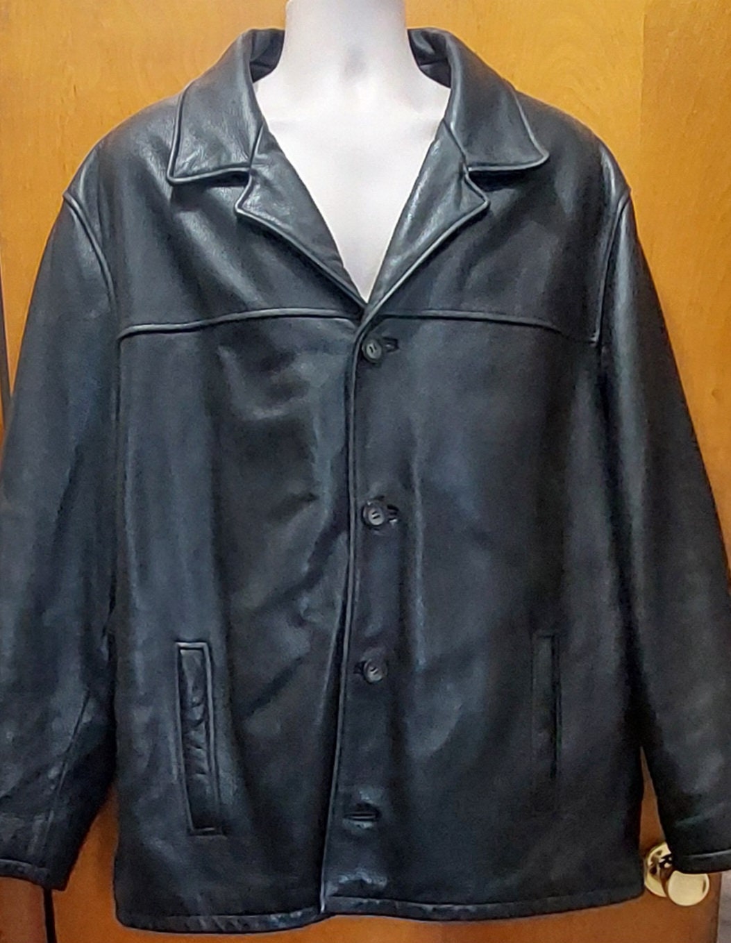 Vintage Guess Black Leather Coat Size Mens XL Lapel Buttons