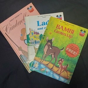 Trio vintage Disney-boeken Bambi Grows Up, Lady & The Tramp en Cinderella