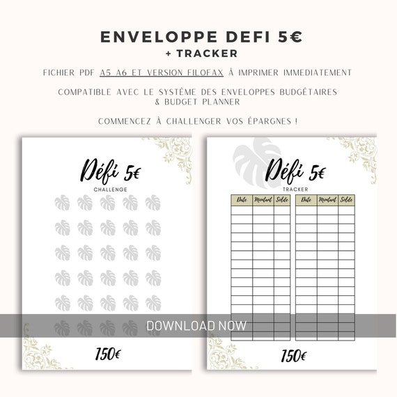 Challenge 5 Euros and Budget Tracker, PDF TO PRINT A5 A6 Filofax, Envelopes  and Budget Binder 