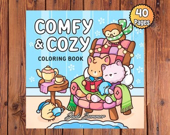 Può includere: Copertina del libro da colorare "Comfy & Cozy" con animali dei cartoni animati in un ambiente accogliente. La copertina include un gufo, un orso e un gatto, con una teiera e una tazza su un tavolino. Il libro ha 40 pagine.