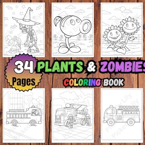 Może przedstawiać: Kolorowanka z czarno-białymi ilustracjami roślin, zombie i wozów strażackich. Okładka zawiera napis "34 Plants & Zombies Coloring Book Pages". Ilustracje znajdują się na drewnianym tle.