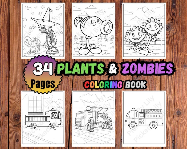 K&ouml;nnte beinhalten: Ein Malbuch mit Schwarz-Wei&szlig;-Illustrationen von Pflanzen, Zombies und Feuerwehrautos. Auf dem Cover steht der Text "34 Plants & Zombies Coloring Book Pages". Die Illustrationen befinden sich auf einem Holzgrund.