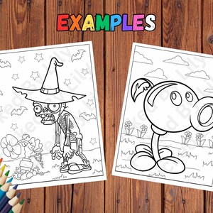 K&ouml;nnte beinhalten: Zwei Malvorlagen mit Schwarz-Wei&szlig;-Illustrationen. Eine zeigt einen Zombie mit Hexenhut, die andere eine Cartoon-Schusspflanze. Das Wort "EXAMPLES" steht in bunten Buchstaben oben.