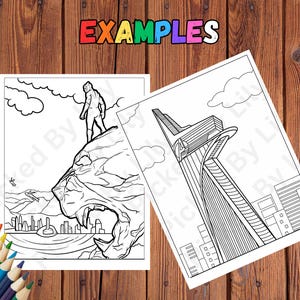 May include: Two black and white coloring pages with illustrations. One depicts a figure atop a lion's head overlooking a city. The other shows a modern building with the text "A" on the side. The word "EXAMPLES" is at the top.