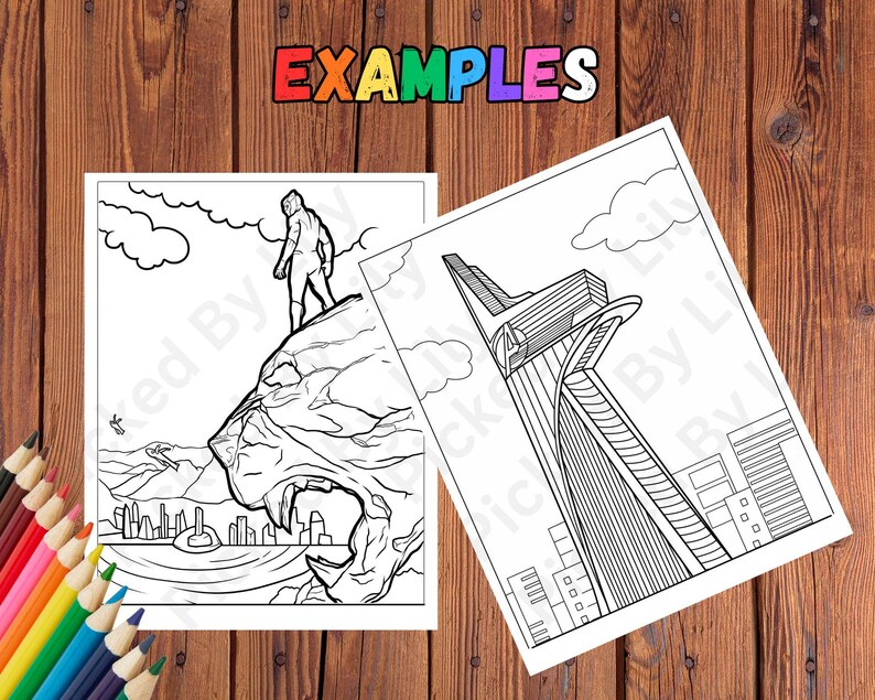May include: Two black and white coloring pages with illustrations. One depicts a figure atop a lion's head overlooking a city. The other shows a modern building with the text "A" on the side. The word "EXAMPLES" is at the top.