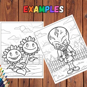 K&ouml;nnte beinhalten: Zwei Schwarz-Wei&szlig;-Malvorlagen mit Charakteren aus Plants vs. Zombies. Eine zeigt l&auml;chelnde Sonnenblumen, die andere einen Zombie. Das Wort "EXAMPLES" steht in bunten Buchstaben oben.
