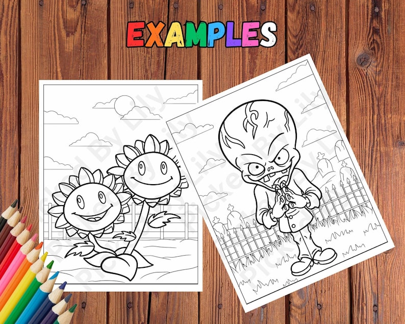 K&ouml;nnte beinhalten: Zwei Schwarz-Wei&szlig;-Malvorlagen mit Charakteren aus Plants vs. Zombies. Eine zeigt l&auml;chelnde Sonnenblumen, die andere einen Zombie. Das Wort "EXAMPLES" steht in bunten Buchstaben oben.