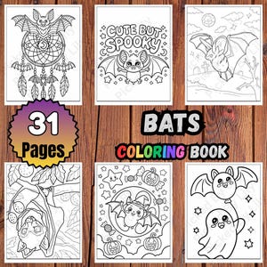 K&ouml;nnte beinhalten: Ein Malbuch mit dem Titel "BATS COLORING BOOK" mit 31 Seiten. Das Cover zeigt sechs Schwarz-Wei&szlig;-Illustrationen von Flederm&auml;usen, darunter Flederm&auml;use mit Traumf&auml;ngern und Flederm&auml;use mit Halloween-Motiven. Das Buch befindet sich auf einem Holzgrund.