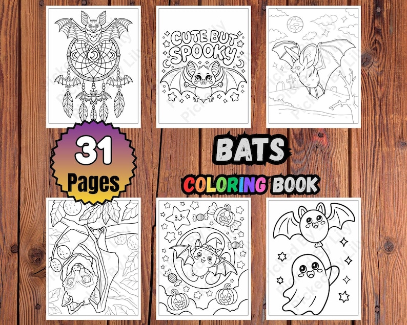 K&ouml;nnte beinhalten: Ein Malbuch mit dem Titel "BATS COLORING BOOK" mit 31 Seiten. Das Cover zeigt sechs Schwarz-Wei&szlig;-Illustrationen von Flederm&auml;usen, darunter Flederm&auml;use mit Traumf&auml;ngern und Flederm&auml;use mit Halloween-Motiven. Das Buch befindet sich auf einem Holzgrund.