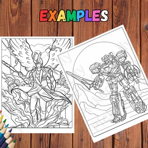 May include: Two black and white coloring pages featuring illustrations of a superhero with wings and a robot holding a sword. The word "EXAMPLES" is displayed in colorful letters at the top of the image.