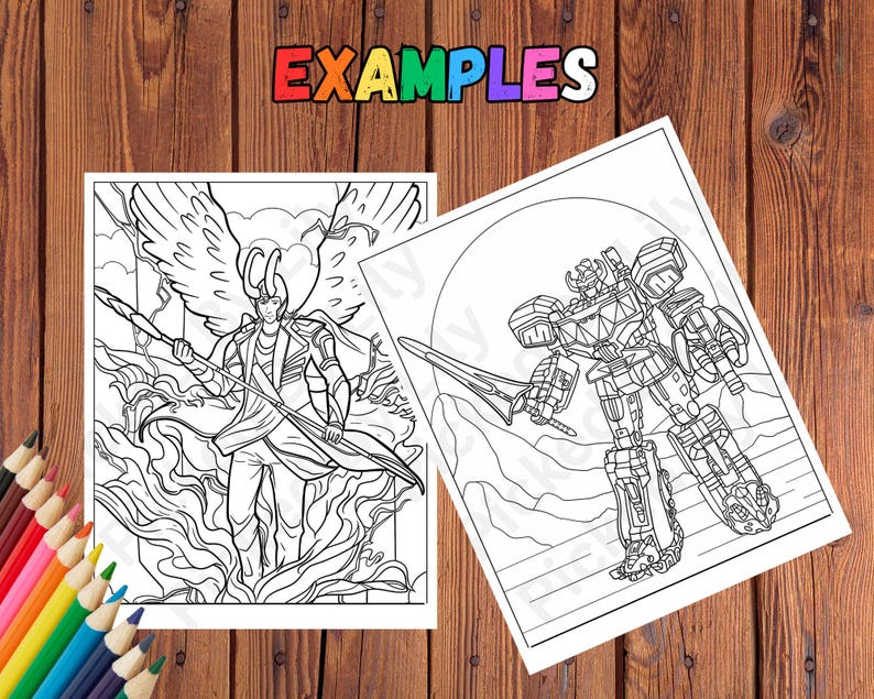 May include: Two black and white coloring pages featuring illustrations of a superhero with wings and a robot holding a sword. The word "EXAMPLES" is displayed in colorful letters at the top of the image.