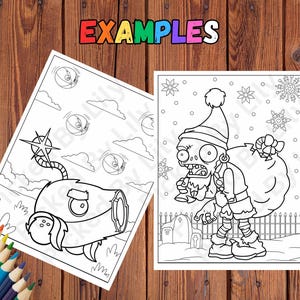 K&ouml;nnte beinhalten: Zwei Schwarz-Wei&szlig;-Malvorlagen mit Charakteren aus dem Spiel Plants vs. Zombies. Eine zeigt eine pflanzenartige Figur, die andere einen Zombie mit Weihnachtsm&uuml;tze. Das Wort "EXAMPLES" steht oben.