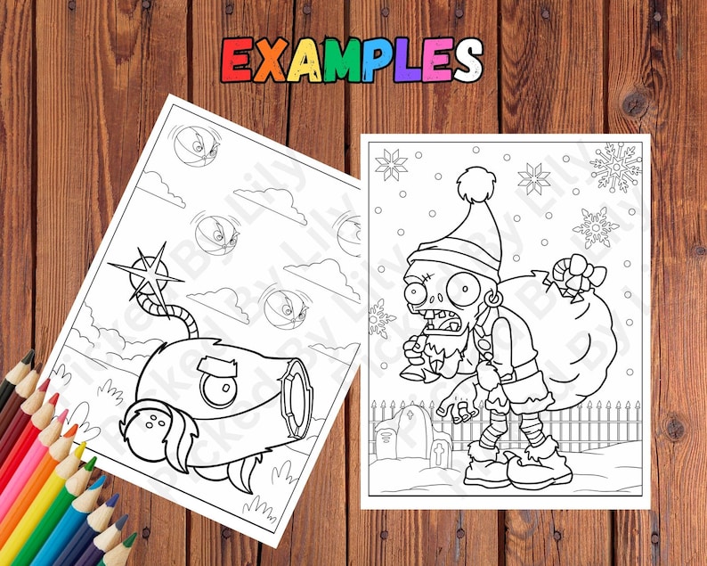 K&ouml;nnte beinhalten: Zwei Schwarz-Wei&szlig;-Malvorlagen mit Charakteren aus dem Spiel Plants vs. Zombies. Eine zeigt eine pflanzenartige Figur, die andere einen Zombie mit Weihnachtsm&uuml;tze. Das Wort "EXAMPLES" steht oben.