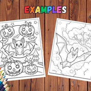 K&ouml;nnte beinhalten: Zwei Halloween-Malvorlagen mit Schwarz-Wei&szlig;-Illustrationen. Eine zeigt K&uuml;rbisse, Flederm&auml;use und eine Fledermaus in der Mitte. Die andere zeigt eine Fledermaus, die vor einem Baum fliegt. Das Wort "EXAMPLES" steht oben.
