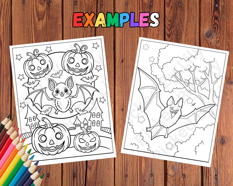 K&ouml;nnte beinhalten: Zwei Halloween-Malvorlagen mit Schwarz-Wei&szlig;-Illustrationen. Eine zeigt K&uuml;rbisse, Flederm&auml;use und eine Fledermaus in der Mitte. Die andere zeigt eine Fledermaus, die vor einem Baum fliegt. Das Wort "EXAMPLES" steht oben.