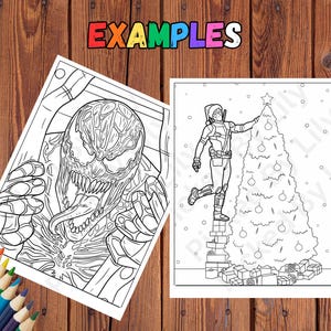 May include: Two black and white coloring pages featuring comic book characters. One shows a detailed image of Venom, and the other depicts a character decorating a Christmas tree. The word "EXAMPLES" is displayed in colorful letters.