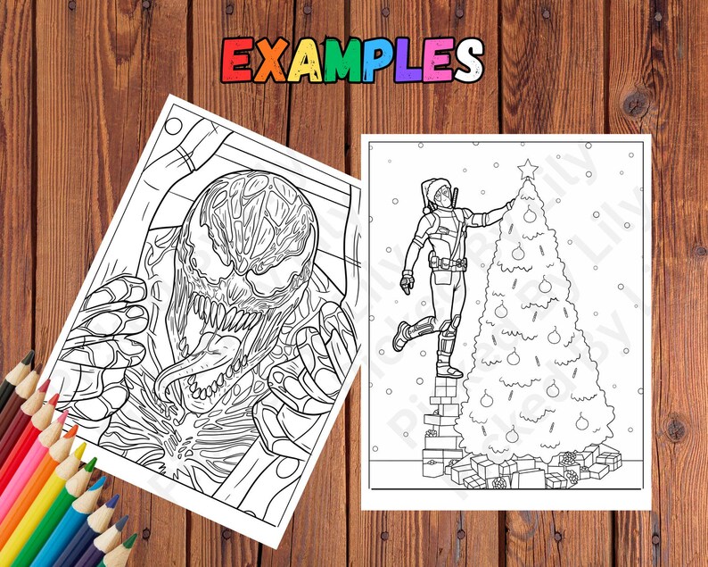 May include: Two black and white coloring pages featuring comic book characters. One shows a detailed image of Venom, and the other depicts a character decorating a Christmas tree. The word "EXAMPLES" is displayed in colorful letters.