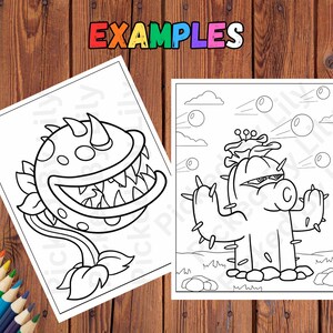 K&ouml;nnte beinhalten: Zwei Schwarz-Wei&szlig;-Malvorlagen mit Cartoon-Pflanzenfiguren. Eine zeigt eine Pflanze mit gro&szlig;em Mund und Z&auml;hnen, die andere eine kaktusartige Pflanze. Das Wort "EXAMPLES" steht oben.