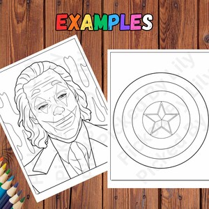 May include: Two black and white coloring pages on a wooden surface. One page features a detailed illustration of the Joker's face, and the other depicts Captain America's shield with a star in the center. The word "EXAMPLES" is at the top.